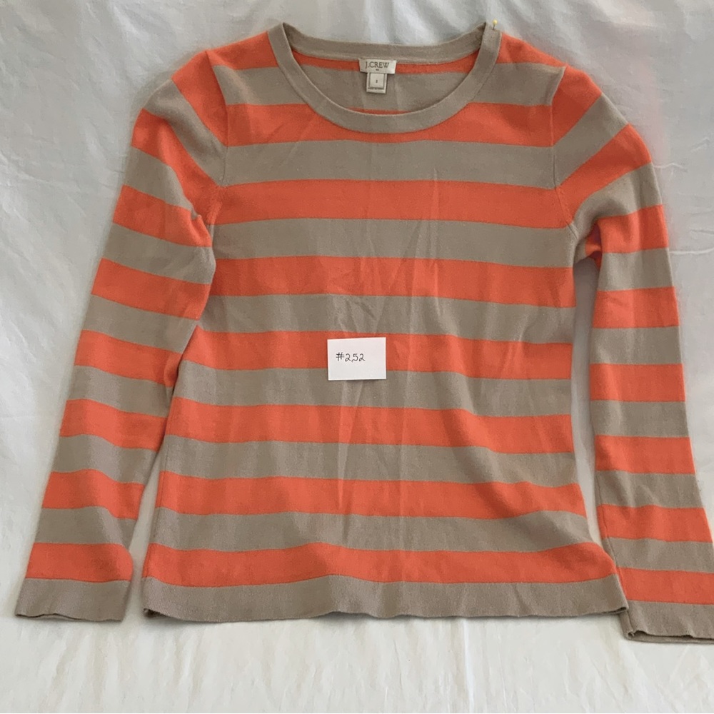 J. Crew - Neon Orange and tan stripped, Scoop neck, long sleeve sweater.